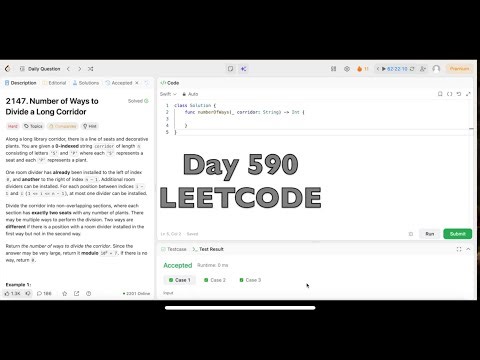 Day 590: LeetCode Problem 2147. Number of Ways to Divide a Long Corridor - Swift