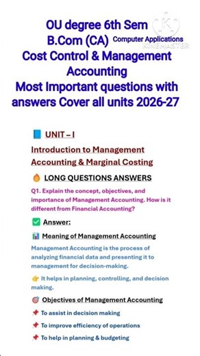 OU Degree B.Com (CA) 6th Sem| Cost Control & Management Accounting | Most Imp Q&A | Cover | 2026-27