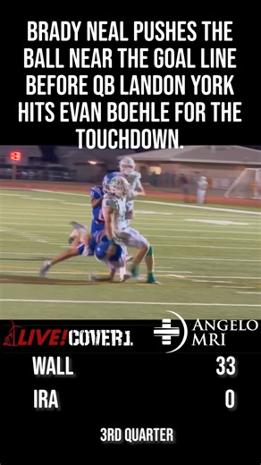 Touchdown drive for the Wall Hawks Football against Childress High School Bobcats . Brady Neal pushes the ball near the goal line before Landon York hits Evan Boehle for the short touchdown pass in the 3rd quarter. Angelo MRI Follow #txhsfb on San Angelo LIVE! | San Angelo LIVE!
