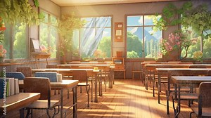 back to school classroom in the spring moment background with anime or cartoon style. seamless looping time-lapse virtual video animation background.