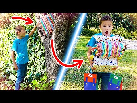 CHASSE AUX CADEAUX D'ANNIVERSAIRE DANS LE JARDIN (cache-cache cadeaux)
