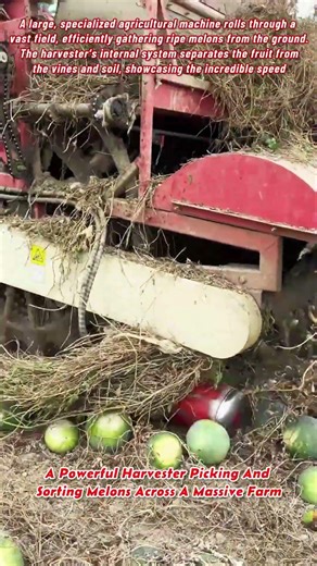 A Powerful Harvester Picking And Sorting Melons Across A Massive Farm