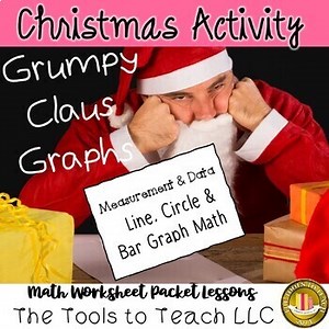 Christmas Grumpy Claus Bar Circle and Line Graph Worksheet Packet Unit Grade 4