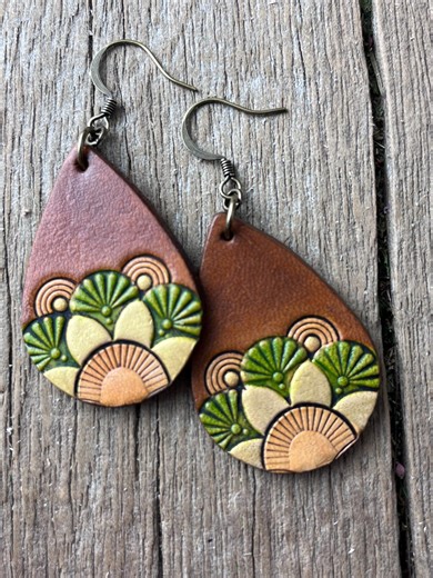 Hand Tooled Leather Teardrop Earrings Warm Browns Greens Gold - Etsy