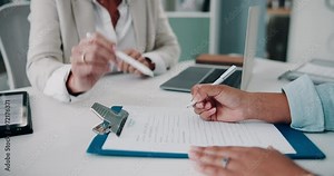 Hands, woman and healthcare consultant with paperwork in office for health insurance application. Registration, medical advice and therapist at desk with patient history documents, signature or info