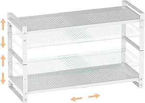 Multi-Functional Metal Shoe Rack,Expandable Adjustable Stackable Kitchen Organizer,Metal Shelf risers for cabinets, Kitchens and Closet, Bathroom2Packs/White/Medium
