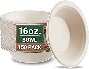 100% Compostable Paper Bowls 16 oz Disposable 150 Pack, Made of Natural Bagasse, Biodegradable Paper Bowls Disposable Heavy Duty, Eco-Friendly Disposable Bowls Bulk for Party and Daily Diet