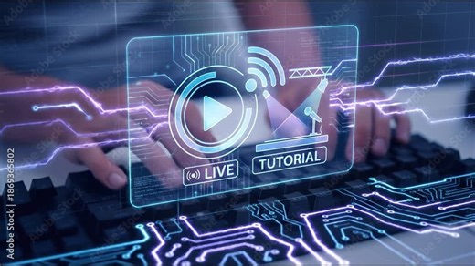 Live tutorial streaming overlay keyboard with circuit board graphics and hands typing digital broadcast interface showing play icon and microphone for online education and video instruction