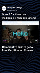 51K views · 328 reactions | [Free Opus Course: https://www.analyticsvidhya.com/courses/claude-smarter-faster-human-ai/?utm_source=social&utm_medium=facebook] Opus 4.5 + three.js + mediapipe = Absolute Cinema [Opus, Analytics Vidhya, Data Science, Generative AI, AI Agents, Free Course] | Analytics Vidhya | Facebook