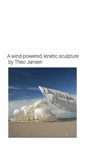 @user_missinng on Instagram: "The post features a captivating video of Theo Jansen's Strandbeest, a wind-powered kinetic sculpture that autonomously 'walks' across a Dutch beach using PVC tubes and sails, blending art and engineering in a mesmerising display of motion. Jansen, a Dutch artist, began creating these 'beach beasts' in 1990, evolving designs through genetic algorithms to mimic self-sustaining life forms that can store wind energy and navigate sand without human intervention. Posted y