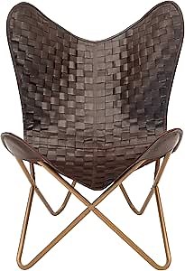 Leather Living Room Chairs-Butterfly Chair Brown Leather Butterfly Chair-Handmade with Powder Coated Folding Iron Frame (Cover with Folding Frame) (Golden Iron Frame)
