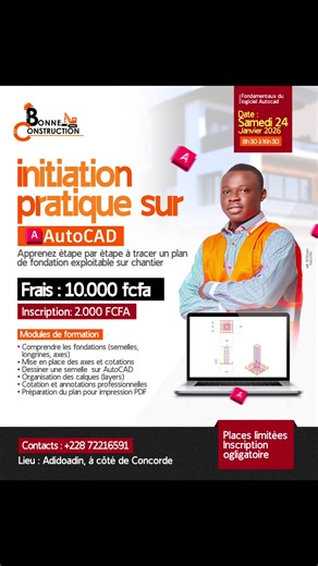 ❌ Tu sais utiliser AutoCAD… ❌ Mais tu n’arrives pas à produire un vrai plan de fondation exploitable sur chantier ? 👉 Alors cette formation est pour toi. INITIATION PRATIQUE À AUTOCAD – EN 1 JOURNÉE 🔹 Apprends pas à pas à tracer un plan de fondation professionnel 🔹 Comprends semelles, longrines, axes, cotations 🔹 Organise correctement tes layers 🔹 Prépare un plan prêt à imprimer et à utiliser sur chantier 🎯 Formation 100 % pratique, orientée réalité chantier 📅 Samedi 24 janvier 2026 ⏰ 8h3
