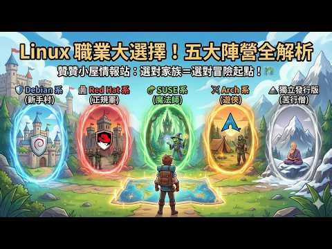 【Linux 新手指南】五大發行版家族全解析！選對陣營＝選對職業？🗺️ (Debian/RedHat/SUSE/Arch/Independent)