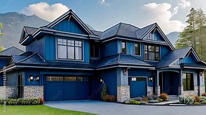 Beautiful modern blue house with large windows and garage, showcasing contemporary architecture, residential design, and luxury living.