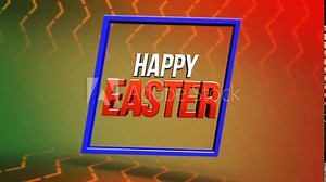 Colorful and festive Easter frame with happy Easter in red and blue letters arranged diagonally, with an abstract background of geometric shapes in red, blue, and yellow