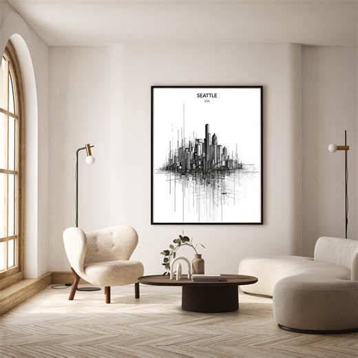 Seattle Skyline Print – Minimalist Architectural Travel Poster – Digital Download - Etsy