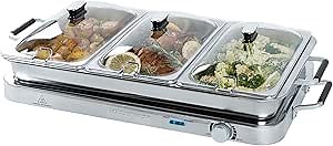 Restaurantware-Kitchen Tek Electric Food Warmer, 1 Buffet Server with Temp Control - Includes 3 x 2.5 Quart Buffet Pans and 1 x 7.5 Quart Warming Tray, Portable, Stainless Steel Chafing Dish Set