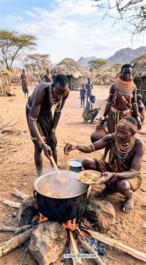 Traditional Village Stew Cooked Over Open Fire 🔥 #shorts #tribalfeast #tribalfood