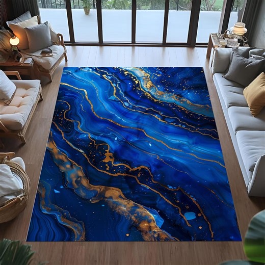 Blue Marble Area Rug, Gold Abstract Pattern, Modern Art - Etsy Australia