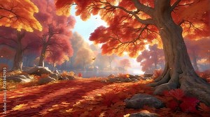 In the middle of the forest during sunset, an aged maple tree is illuminated by sunlight, casting a warm glow as butterflies painted in orange hues dance through the air. Stock Video