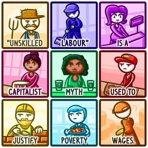 Ethical Economics on Instagram: "Capitalists invented the phrase “unskilled labour” to make poverty feel deserved. It’s a linguistic trick, a way to pretend that the people who clean streets, cook food, maintain infrastructure, stack shelves, care for children, and keep entire cities functioning are somehow doing work that’s worth less. But society collapses without these workers. The only reason their labour is framed as “low value” is because the ruling class needs a moral justification for pa