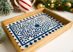 Blue Floral Bone Inlay Tray Boho Chic Mango Wood Serving Platter Handmade Decorative Accent for Coffee Table Kitchen - Etsy