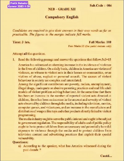 Class 12 English question paper 2082 || NEB Board exam question paper english Set || By-Pratik