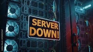 Server Down Sign On Data Center Server Rack Unit With Running Fans