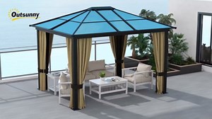 Outsunny 10' x 12' Hardtop Gazebo Canopy with Polycarbonate Roof, Aluminum Frame, Permanent Pavilion Outdoor Gazebo with Netting, for Patio, Garden, Backyard, Deck, Lawn, Black, Beige