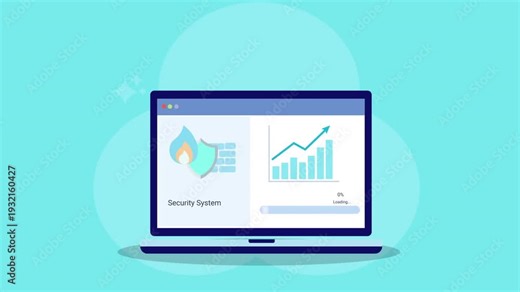 Animated laptop displaying AI cybersecurity analytics dashboard with shield icon and rising bar chart. Concept of data protection, system monitoring, KPI tracking, automation, and digital business gro