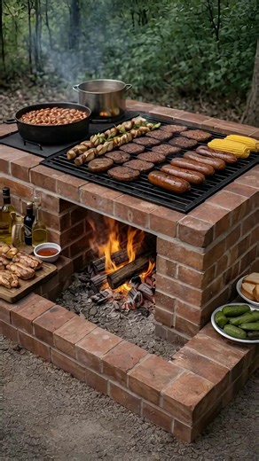 The Rustic Brick Grill: A Simple Backyard Fire Pit That Feeds a Crowd There’s something timeless about cooking over open fire in the middle of nature. No gas lines. No buttons. Just stacked brick, burning wood, and food sizzling over flame. The image captures a classic, no-nonsense brick grill setup — square, sturdy, and built directly over a wood-burning firebox. Burgers, sausages, skewers, corn, and a cast-iron pan of beans cook simultaneously, creating a feast powered entirely by firewood. Th