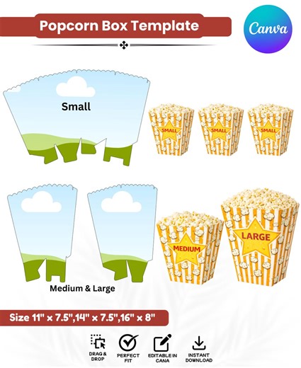 Popcorn Box Template Bundle, Editable Canva Popcorn Box Template, Small Medium Large Popcorn Box, Party Favor Box Template, Printable Box - Etsy