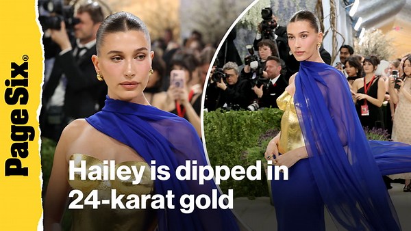 Hailey Bieber is dipped in 24-karat gold on the Met Gala 2026 red carpet