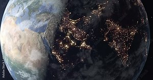 Fly over planet Earth during the transition from day to night, view from space. City lights in the Middle East, India and Central Asia glow at night. 3D animation 4K. Contains NASA images.