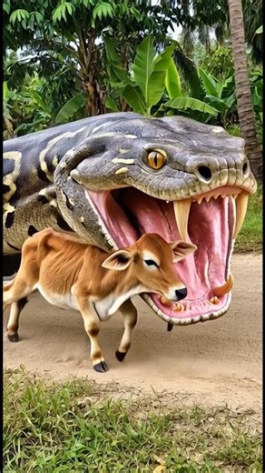 big python playing with cow