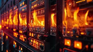 Fire consumes multiple vending machines, creating a hazardous situation at a community center during the evening hours.