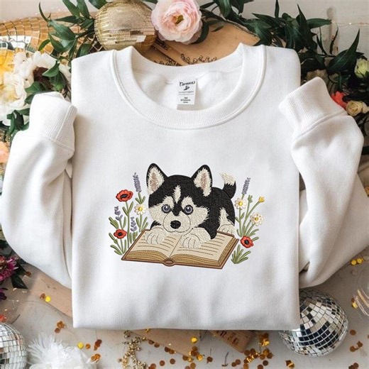 Cute Husky Reading Book Embroidery Design, Puppy Book Lover, Floral Dog Embroidery File, Animal Reading Design, Instant Download - Etsy