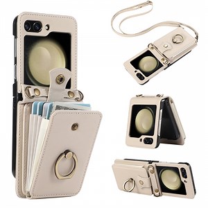Asuwish Compatible with Samsung Galaxy Z Flip 5 5G 2023 Wallet Phone Case Ring Crossbody Strap Stand Credit Card Holder RFID Protective Cell Cover for ZFlip5 Z5 G Flip5 5Z Women Girls Beige