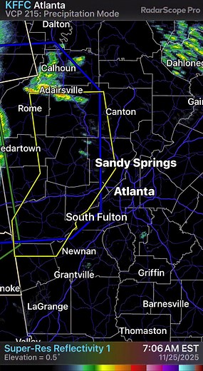 Tuesday morning 8 am Atlanta: a line of severe thunderstorms is blasting your way. A warning just to your West — beware this is coming this morning. | Ginger Zee