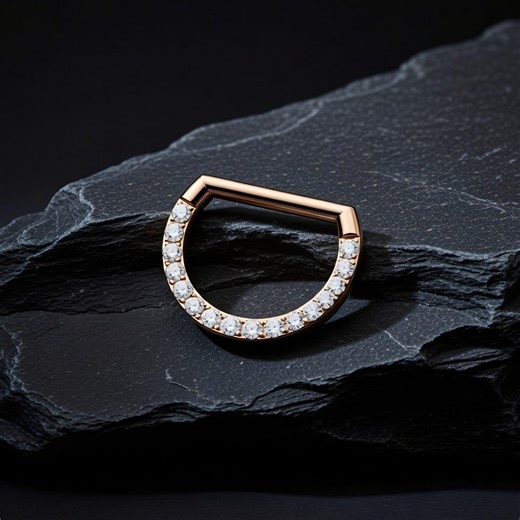 F136 Titanium D Shape Clicker Ring Face Side CZ Septum Daith Nose Piercing Hoop Jewelry Secure Hinged Fit Rose Gold - Etsy
