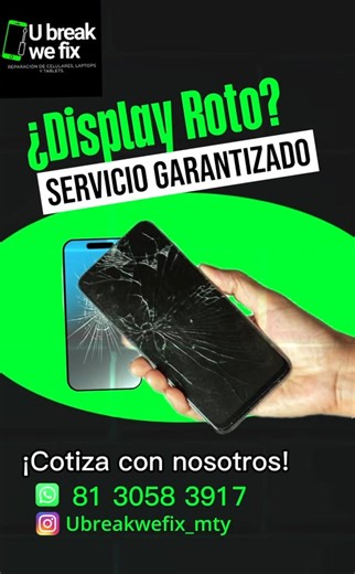 🔥¡¡Revisión gratis mostrando esta publicación!!🔥 Servicio técnico de reparación de celulares, tablets , iPads y laptops. 📱Cambio de Display 🔋Baterías 🛠Reparaciones de fallas de carga, sonido, imagen, touch, señal ⚙️ Sistema 🔒Liberaciónes 🔐Desbloqueos Estamos ubicados en: 📍Soriana Hiper Cumbres (El que esta abajo de Home Depot). Frente a la farmacia de soriana https://maps.app.goo.gl/qBxSby6x2WdQXCwE6 Horarios: Lunes a viernes de 10:30am a 7pm y Sábados de 12pm a 6pm | U Break We Fix