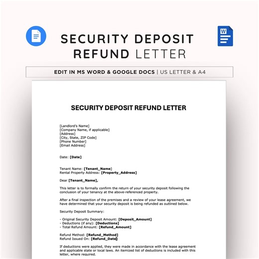 Security Deposit Refund Letter Template for Landlords and Tenants - Google Docs & Microsoft Word - Etsy