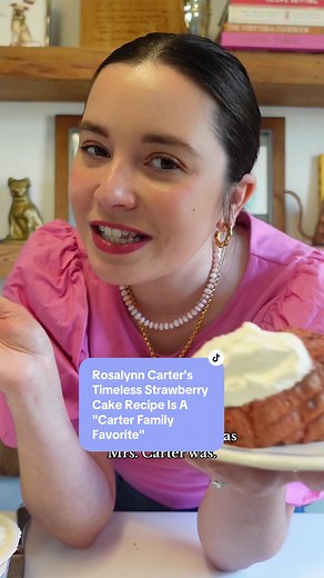 Described as a “Carter family favorite,” the former first lady’s strawberry cake recipe is as simple as it is classic. Recipe below! Ingredients - 1 package yellow or white cake mix - 1 3-ounce package of strawberry jello - 3/4 cup cooking oil - 1 cup chopped nuts - 4 eggs - 2 tablespoons flour - 1 10-ounce package frozen strawberries of 1 pint fresh strawberries with 1/2 cup sugar Directions 1. Mix all ingredients and beat well; pour into angel food cake pan and bake at 350 degrees for 45 minut
