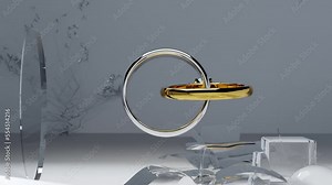 Seamless loop animation of two gold wedding rings, alpha channel, Golden and silver wedding rings decorated with precious stones connected like chain links, engagement ring with a diamond, 3d render