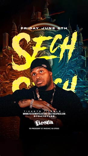  SECH — Live in New Jersey  Presented by: SECH IN NEW JERSEY  Date: Friday, June 6, 2025  Doors Open: 9:00 PM  Venue: Fiesta Night Club  Address: 115 President St, Passaic, NJ 07055  Don’t miss an unforgettable night with SECH — bringing the hits, the energy, and the vibes to NJ!  | BoletosExpress.com | Facebook