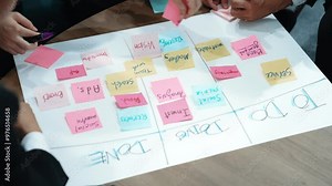 Close up of professional business team hands writing and putting sticky note on scrum task board. Top view of project manager write task and use kanban board to manage time and workflow. Directorate.