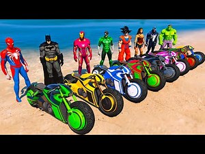 SPIDERMAN vs SUPERHEROES Motorcycles Ultimate Stunt Parkour Challenge: Beach Obstacle Course - GTA 5