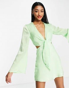 ASOS DESIGN tie front satin mini dress with flared sleeve and cut out side | ASOS