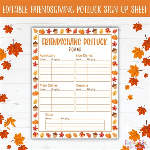 Editable Friendsgiving Potluck Sign up Sheet, Printable Fall Potluck Signup Form, Fillable PDF Thanksgiving Planner, Friendsgiving Dinner - Etsy