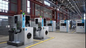 Facility with rows of industrial machines used for processing tasks, with green and orange led lights showing level of completion, 3D rendering. CNC machinery in modern manufacturing warehouse